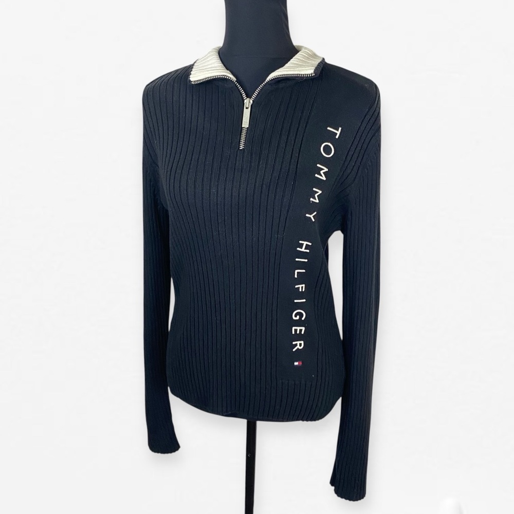 Tommy Hilfiger Women's Logo Black Ribbed Zip-Up Top sweater 90s Y2K preppy